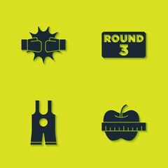 Set Punch in boxing gloves, Apple and measuring tape, Wrestling singlet and Boxing board icon. Vector.