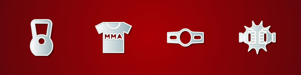 Set Kettlebell, T-shirt with fight club MMA, Boxing belt and Punch boxing gloves icon. Vector.