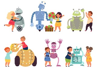 Kids robot programming. Toy robots coding, child with electronic characters. Cartoon friends, children interesting hobby vector set. Children engineering robot, smart character study illustration
