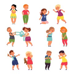 Children behavior. Child conflict, sad angry kid relationship. Boy girl fight toys, abuse friends, bully sister or brother decent vector set. Illustration conflict angry and fight, bullying expression