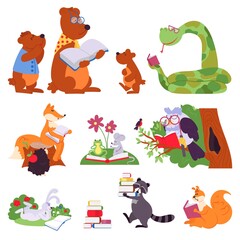 Animals reading. Bird animal read book, cute cartoon forest wild characters. Children school education, owl bear learning decent vector set. Anumal with book, funny rabbit and fox illustration