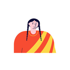 Beautiful indian woman avatar. Portrait of confident young character is smiling isolated on a white background. Contemporary Flat Vector Illustration