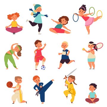 Different sport kids. Physical activity characters, small children doing exercise. Kid gym, toddler enjoying play decent vector set. Illustration cartoon girl and boy, activity fitness running