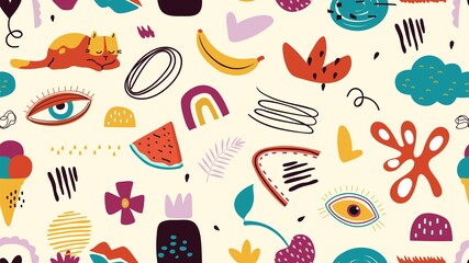 Modern decorative pattern. Cute cat, fruits and contemporary abstract elements background. Trendy colorful vector seamless texture. Illustration textile pattern abstract, cat and bannan