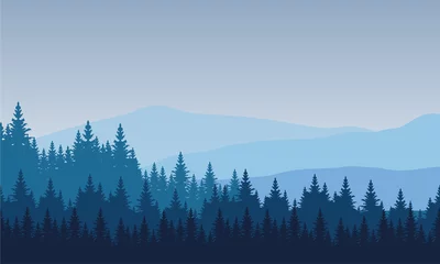 Fototapete Wald im Nebel Beautiful scenery trees and mountains on a warm morning. Vector illustration