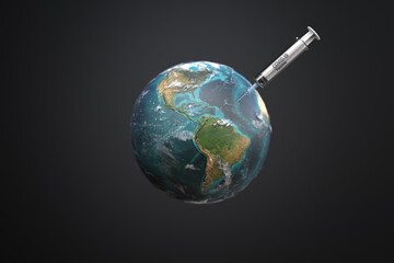 Injection syringe with Planet Earth, Covid-19 vaccine concept