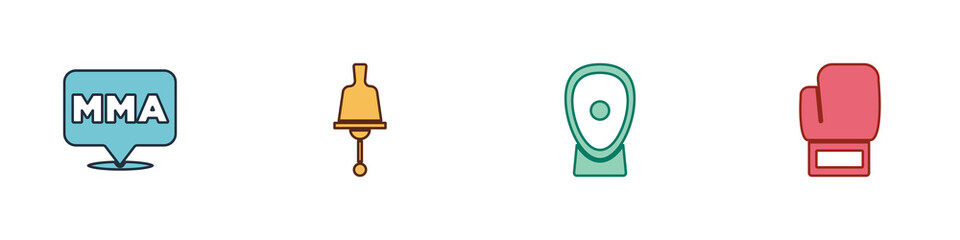 Set Fight club MMA, Ringing bell, Boxing training paws and glove icon. Vector.