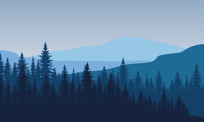Nice scenic trees and mountains in the morning. Vector illustration
