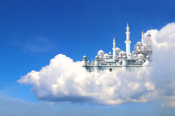 A fabulous lost city in white clouds - obrazy, fototapety, plakaty