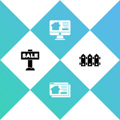 Set Hanging sign with Sale, Online real estate house, and Garden fence wooden icon. Vector.