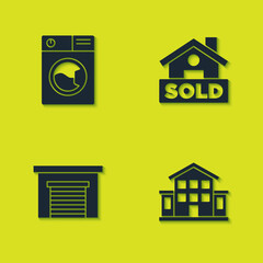 Set Washer, House, Garage and Hanging sign with text Sold icon. Vector.