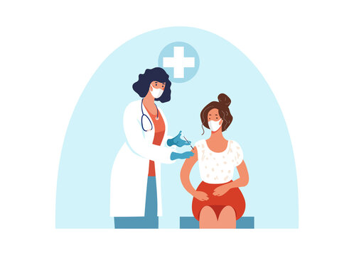 Doctor wearing mask and gloves at the clinic giving a woman a vaccine against coronavirus, a conceptual illustration of immunity. Adult immunization, covid vaccine. Flat illustration 