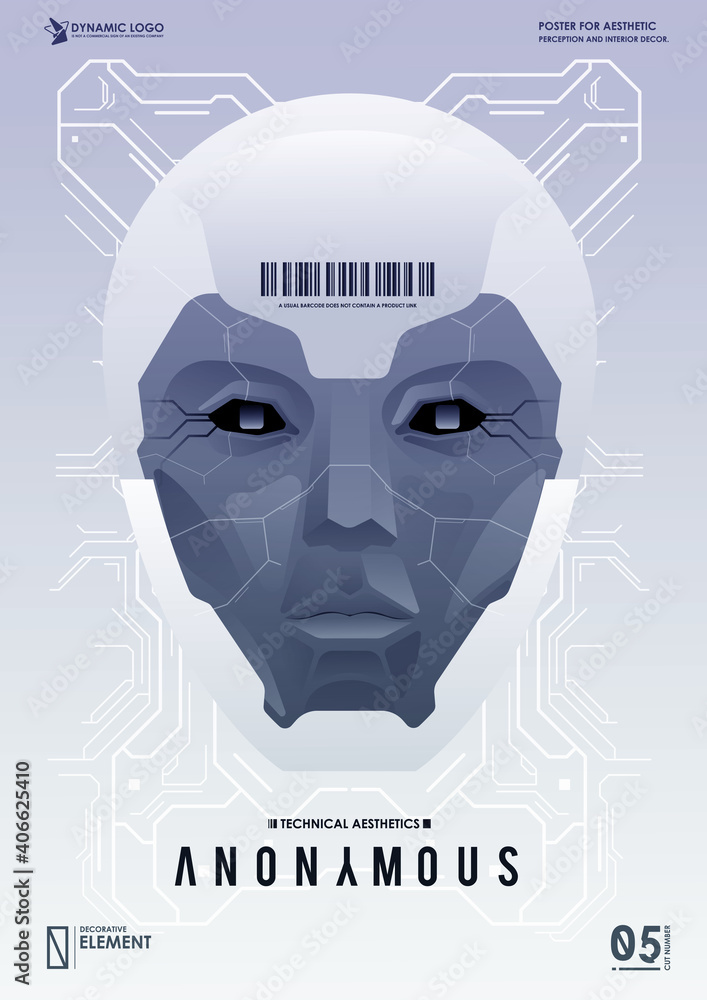 Poster robot with artificial intelligence working with virtual interface. big data. ai concept. robot face.