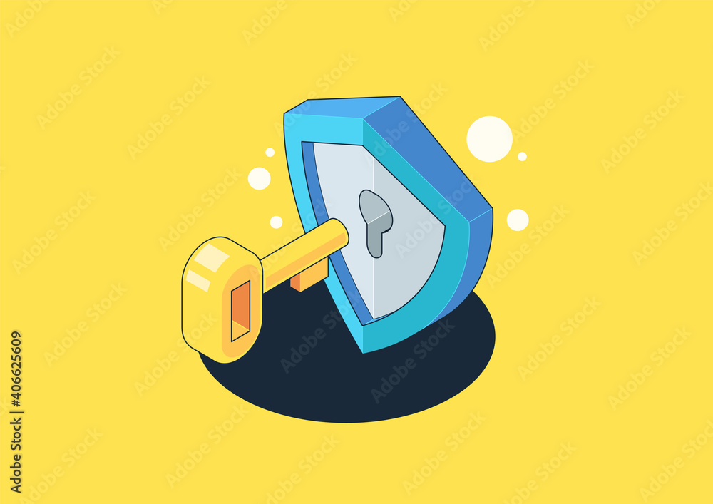 Poster isometric shield and secure private data. authentication and protection concept. creative isometric 