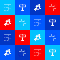 Set House plan, Hanging sign with Rent, Realtor and icon. Vector.