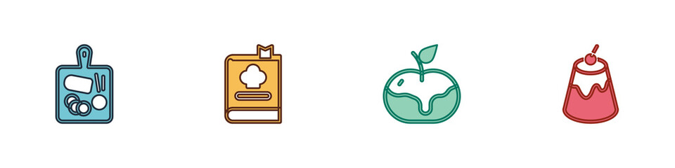 Set Cutting board, Cookbook, Apple caramel and Pudding custard icon. Vector.