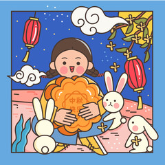 illustration of a girl holding a moon cake at Mid-Autumn Festival