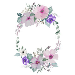 Vintage flowers with green leaves oval wreath painting watercolor illustration