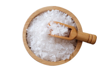 Flower of salt, is a salt that forms as a thin, delicate crust on the surface of seawater in the wooden scoop and wooden bowl isolated on white background.