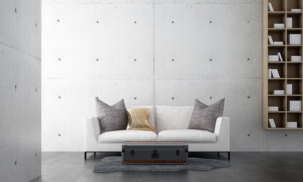 Minimal living room interior mock up, white sofa on empty concrete wall background, Scandinavian style, 3d render 