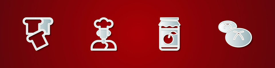 Set Bread toast, Cook, Jam jar and loaf icon. Vector.
