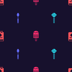 Set Lollipop, Spoon, Ice cream and Cookbook on seamless pattern. Vector.