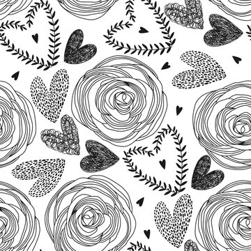 Seamless pattern with hand-drawn hearts and roses on white background. Vector illustration. Romantic background perfect for Valentine's Day, wedding and other romantic events.