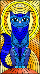Illustration in stained glass style with abstract geometric blue cat and the sun on an abstract orange background