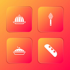 Set Pudding custard, Honey dipper stick, Homemade pie and French baguette bread icon. Vector.