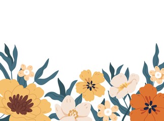 Horizontal botanical backdrop with border of delicate blooming fall flowers. Floral flat vector illustration isolated on white background
