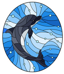 Illustration in the style of stained glass with dolphin on a  background of water and air bubbles, oval image © Zagory