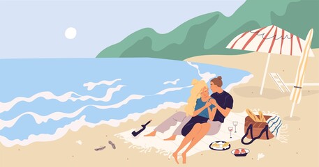 Young couple sitting and relaxing on picnic blanket at seaside. People hugging and drinking wine on beach by sea. Romantic date of man and woman on seashore. Colored flat vector illustration