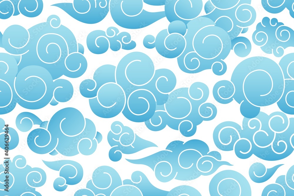 Poster Seamless pattern of Chinese cloudy sky with curly blue clouds. Repeatable Japanese texture with sea foam. Endless abstract oriental backdrop. Monochrome flat vector illustration on white background