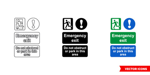 Emergency exit do not obstuct or park in this area notice sign icon of 3 types color, black and white, outline. Isolated vector sign symbol.