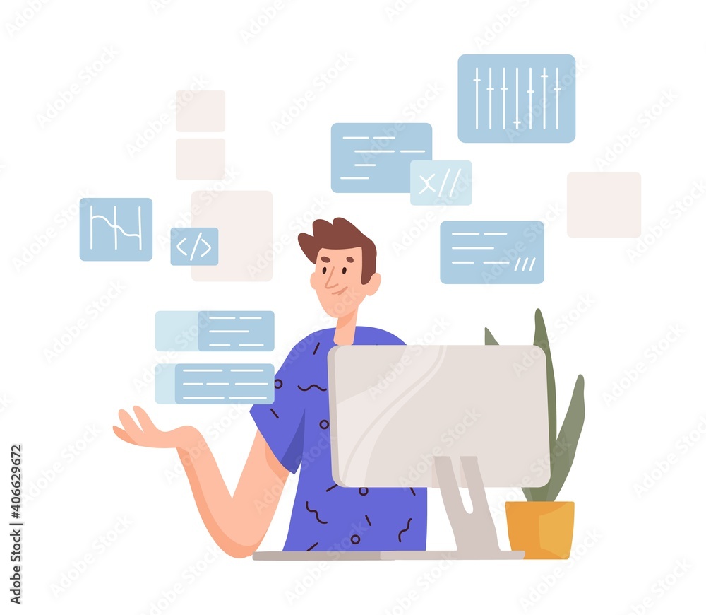 Aufkleber Thoughtful man working at computer. Programmer coding and concerning about solving difficult tasks. Puzzled male character. Colored flat vector illustration isolated on white background