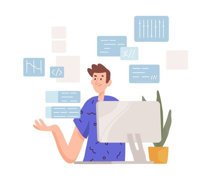Thoughtful man working at computer. Programmer coding and concerning about solving difficult tasks. Puzzled male character. Colored flat vector illustration isolated on white background