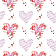 Watercolor seamless pattern with hearts and decorations for Valentine's day. Hearts and ribbons pattern for Valentine's day cards, greeting cards, gifts, t-shirts, mugs, stickers, scrapbooking crafts