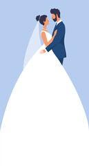 Greeting card with bride and groom in flat design. Template for a wedding invitation with copy space. Save the date. Festive modern vector illustration with light blue background