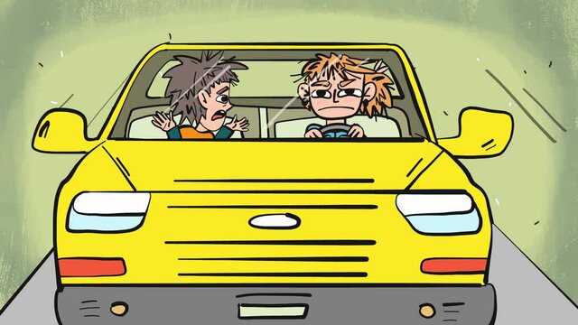 Quarrel in the moving car, comic cartoon looped animation in a front view