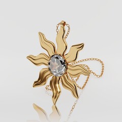 Beautiful gold pendant in the form of a sun with a gem in the center on a white background with reflection, gold chain, jewelry concept, 3d rendering