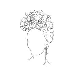 Woman Head with Flowers Continuous Line Drawing. Floral Woman Face One Line Abstract Illustration. Female Minimalist Contour Drawing. Vector EPS 10.