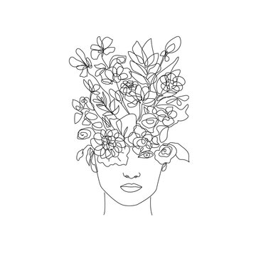 Woman Abstract Face with Flowers One Line Drawing. Female Portrait Minimalist Style. Botanical Print. Nature Trendy Symbol for Cosmetics. Continuous Line Art. Fashion Minimal Print. Beaty Logo. Vector