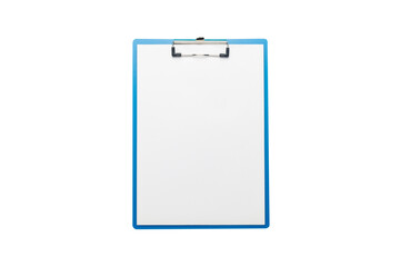Clipboard with blank sheet on isolated white background. Concept questionnaire, form, contract. Banner. Flat lay, top view