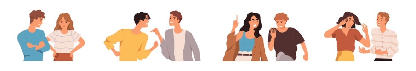 Set of angry people during conflicts and quarrels. Couples and friends brawling and shouting at each other. Collection of aggressive men and women. Colored flat vector illustration isolated on white