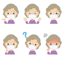 マスクをした高齢女性　表情セット