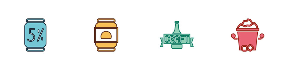 Set Beer can, , bottle and Ice bucket icon. Vector.