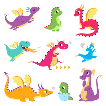 Cute Colorful Little Dragons Set, Funny Baby Dinosaurs, Fairy Tale Characters Cartoon Style Vector Illustration