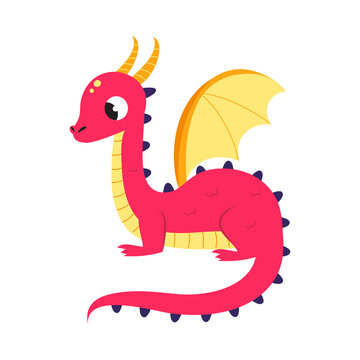 Cute Red Little Dragon with Wings, Funny Baby Dinosaur Fairy Tale Character Cartoon Style Vector Illustration