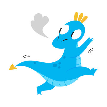 Cute Little Baby Dragon Running Away, Funny Fantastic Creature Fairy Tale Character Cartoon Style Vector Illustration