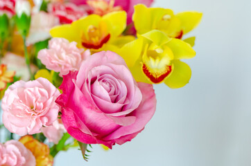 Colorful bouquet of flowers on white background for anniversary or Valentine's day concept.